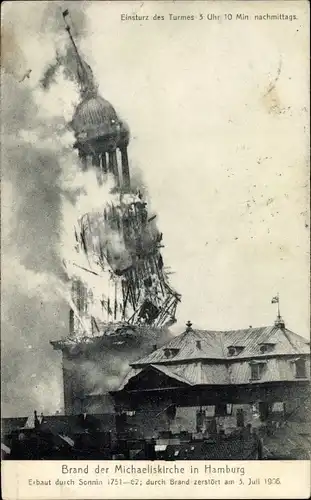 Ak Hamburg Mitte Altstadt, Kirchenbrand 03. 07. 1906, Michaelskirche