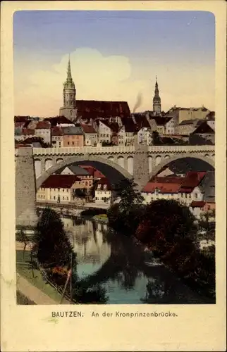 Ak Bautzen in der Oberlausitz, Kronprinzenbrücke, Spreepartie, Petrikirche