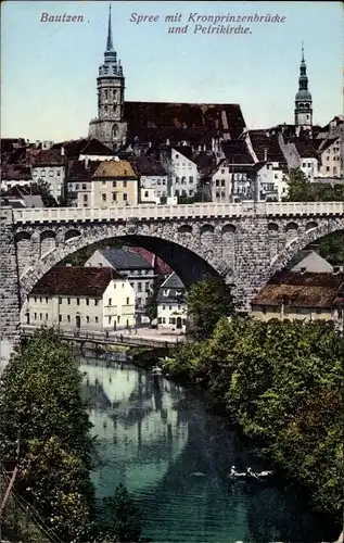 Ak Bautzen in der Oberlausitz, Kronprinzenbrücke, Spreepartie, Petrikirche