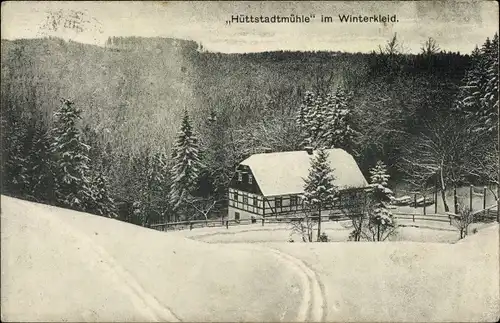Ak Ansprung Marienberg im Erzgebirge, Hüttstadtmühle im Winterkleid