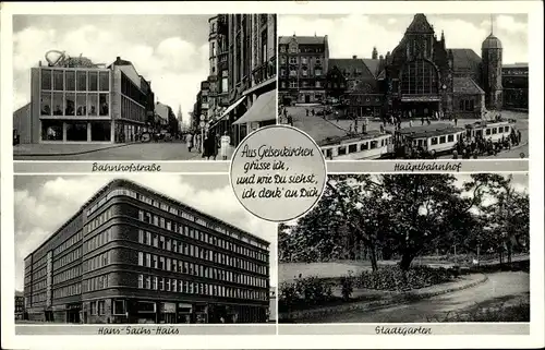 Ak Gelsenkirchen im Ruhrgebiet, Bahnhofstraße, Hauptbahnhof, Straßenbahn, Hans Sachs Haus