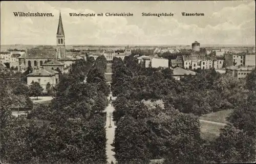 Ak Wilhelmshaven, Wasserturm, Stationsgebäude, Christuskirche, Vogelschau