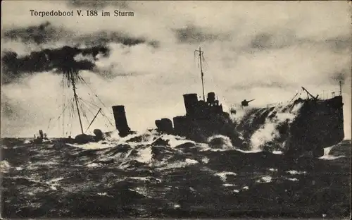 Ak Deutsches Kriegsschiff, V 188, Torpedoboot im Sturm, Kaiserliche Marine