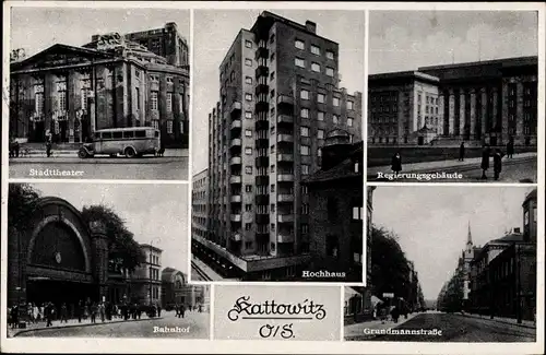 Ak Katowice Kattowitz Oberschlesien, Hochhaus, Grundmannstraße, Stadttheater, Bahnhof