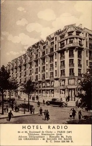 Ak Paris XVIII., Hotel Radio, Boulevard de Clichy, voitures