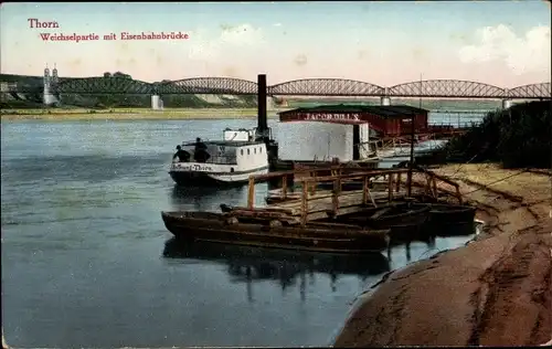 Ak Toruń Thorn Westpreußen, Weichselpartie, Eisenbahnbrücke, Anlegestelle