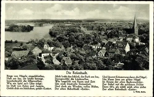 Ak Eutin in Ostholstein, Blick auf die Stadt, Kirche, Die Rosenstadt, Gedicht von L. Weiß