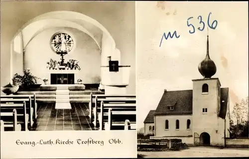 Ak Trostberg in Oberbayern, Ev. Luth. Kirche, Altar, Außenansicht