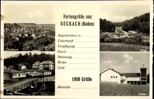 Ak Seckach in Baden, Kirche, Klinge, Brückenpartie, Panorama, Feriengrüße