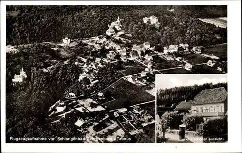 Ak Georgenborn Schlangenbad im Taunus Hessen, Fliegeraufnahme vom Ort, Gasthof Zur schönen Aussicht