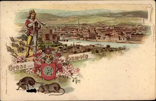 Wappen Litho Hameln an der Weser Niedersachsen, Blick auf den Ort, Rattenfänger
