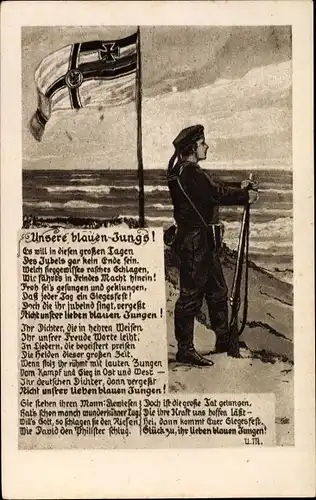 Gedicht Ak Unsere blauen Jungs, Seemann am Strand, Fahne