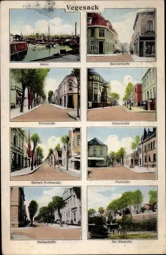 Ak Vegesack Hansestadt Bremen, Hafen, Bahnhofstr., Poststraße, Kirchenstraße, Weserstr., Breite Str.