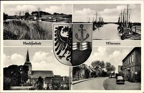 Wappen Ak Wremen Wurster Nordseeküste, Kirche, Hafen, Straßenpartie