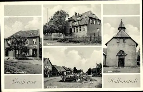 Ak Hollenstedt in Niedersachsen, Schule, Kirche, Dorfpartie, Geschäftshaus Jahn
