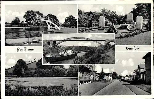 Ak Bunsoh in Dithmarschen, Brücke, Denkmäler, Park, Straßenpartie