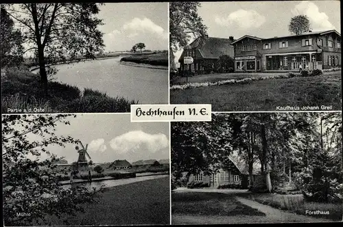 Ak Hechthausen in Niedersachsen, Flusspartie, Windmühle, Forsthaus, Kaufhaus Johann Grell