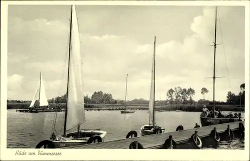 Ak Hüde am Dümmer Niedersachsen, Partie am Hafen, Segelboote