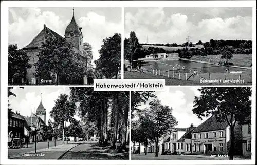 Ak Hohenwestedt in Holstein, Kirche, Badeanstalt Ludwigslust, Markt, Lindenstraße
