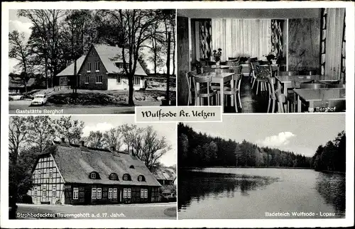 Ak Wulfsode Wriedel in der Lüneburger Heide, Gaststätte Berghof, Bauerngehöft, Badeteich
