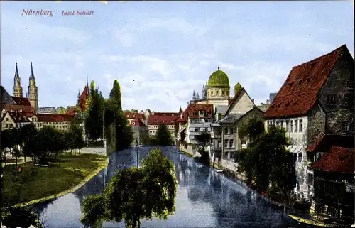 Ak Nürnberg in Mittelfranken Bayern, Insel Schütt, Fluss, Gebäude, Synagoge