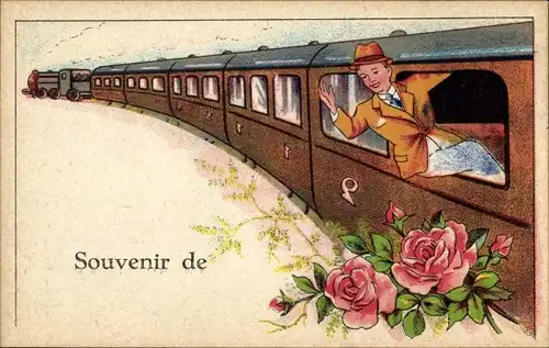 Künstler Ak Souvenir de, Eisenbahn, Mann lehnt sich aus dem Abteil, Rosen