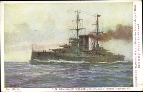 Künstler Ak Kircher, Alex, Österreichisches Kriegsschiff, SMS Viribus Unitis, Schlachtschiff