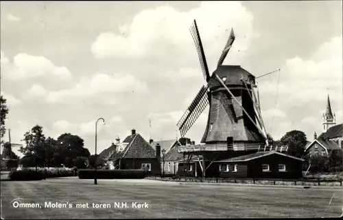 Ak Ommen Overijssel, Molens met toren Ned Herv Kerk