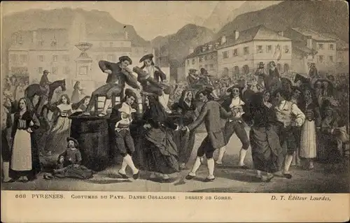 Künstler Ak Hautes Pyrénées, Costumes du Pays, Danse Ossaloise, Dessin de Gorse