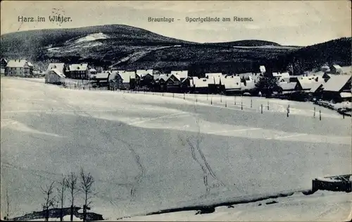 Ak Braunlage im Oberharz, Sportgelände am Raume, Schneelandschaft