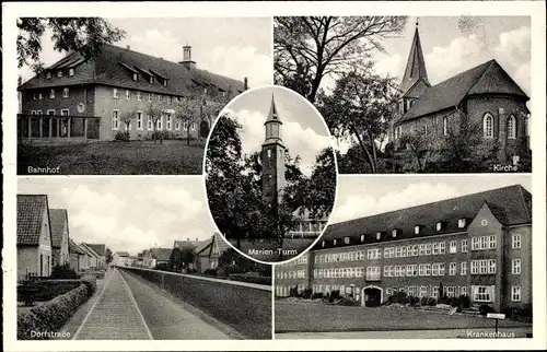 Ak Sande in Friesland, Bahnhof, Kirche, Marienturm, Dorfstraße, Krankenhaus