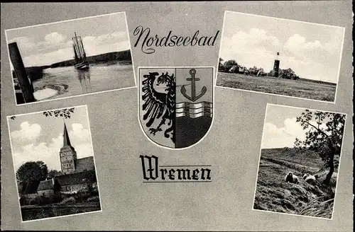 Wappen Ak Nordseebad Wremen Wurster Nordseeküste, Leuchtturm, Kirche, Schafe