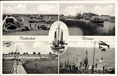 Ak Wremen Wurster Nordseeküste, Strandpartie, Campingplatz, Flaggen, Kutter WRE 9