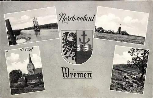 Wappen Ak Nordseebad Wremen Wurster Nordseeküste, Segelschiff, Leuchtturm, Schafe, Kirche