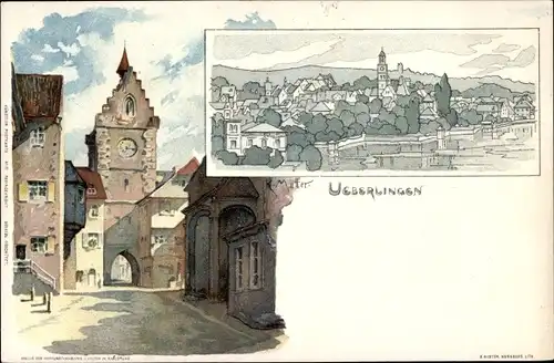 Künstler Litho Mutter, K., Überlingen am Bodensee, Uhrenturm und Tor, Straße, Gesamtansicht