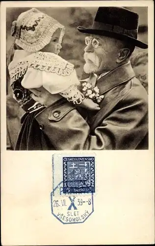 Ak Staatspräsident der Tschechoslowakei Tomáš Garrigue Masaryk, Portrait mit Mädchen in Tracht