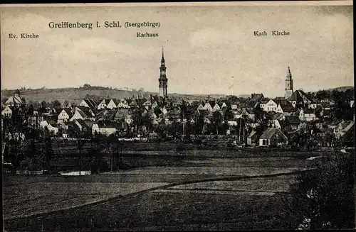 Ak Gryfów Śląski Greiffenberg Schlesien, Totalansicht der Ortschaft, Rathaus