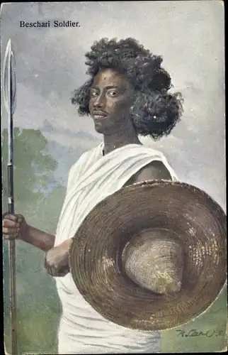 Künstler Ak Beschari Soldier, afrikanischer Krieger mit Speer