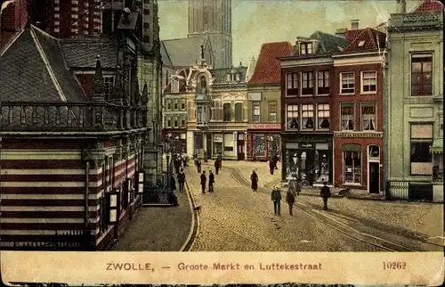 Ak Zwolle Overijssel, Groote Markt en Luttekestraat