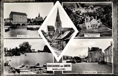 Ak Chateauneuf sur Sarthe Maine-et-Loire, Hotel de la Sarthe, L'Eglise, Moulin, Ecluse et Barrage