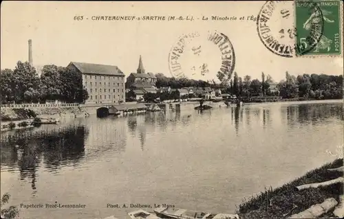 Ak Chateauneuf sur Sarthe Maine-et-Loire, La Minoterie et l'Eglise