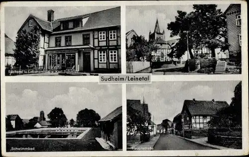 Ak Sudheim Northeim in Niedersachsen, Kirche, Schwimmbad, Bäckerei und Lebensmittel von K. Schmidt