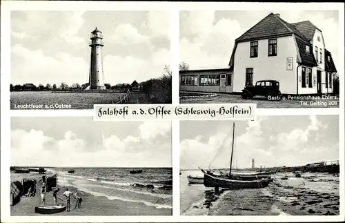 Ak Falshöft Nieby an der Ostsee, Leuchtturm, Strand, Gast- und Pensionshaus Ehlers