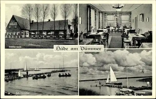 Ak Hüde am Dümmer See, Strandhaus Heinrich Piening, Seeterrasse, Klubzimmer, Ruderboote, Bootssteg