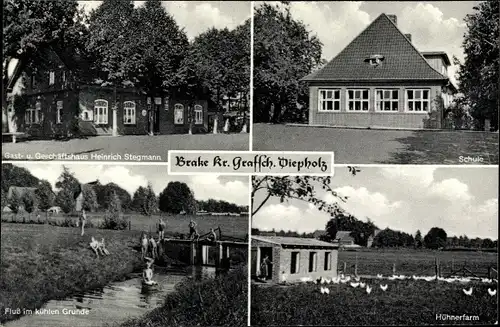 Ak Brake Mellinghausen in Niedersachsen, Schule, Hühnerfarm, Gast- und Geschäftshaus H. Stegmann