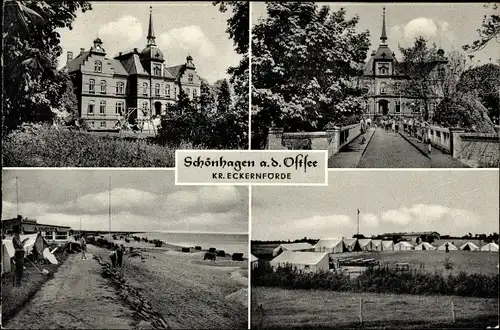 Ak Schönhagen an der Ostsee, Zeltplatz, Brücke, Strand, Schloss