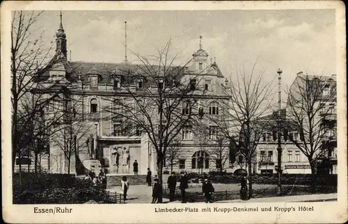 Ak Essen im Ruhrgebiet, Limbecker Platz mit Krupp Denkmal und Krupp's Hotel