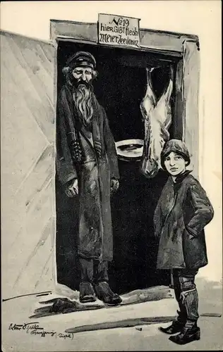 Künstler Ak Mann und Junge vor einer Schlachterei, No. 19, hier gibt Fleish