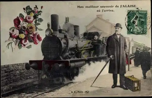 Ak Falaise Calvados, Partie am Bahnsteig, Eisenbahn, Reisende, Koffer, Rosen