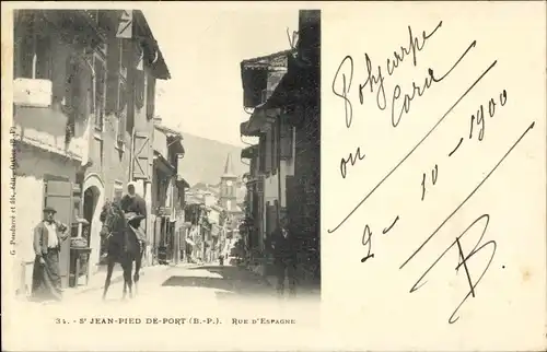 Ak Saint Jean Pied de Port Pyrénées Atlantiques, Rue d'Espagne, Pferd